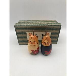 Vintage Wooden Japanese Kokeshi Dolls Pear Eggplant 4' Inch Hight with box